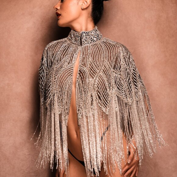 Crystal Silver Fringe Rhinestone Cape, Luxury Sequin, Festival Rave Shawl - Picture 4 of 7